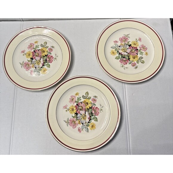 Edwin M. Knowles Semi Vitreous China 3 Salad Plates Floral Center Gold Trim 8" - Picture 3 of 5